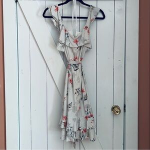 Boho Print Flowy Midi Dress Ruffles Layers Belted Waist Cottagecore Preppy